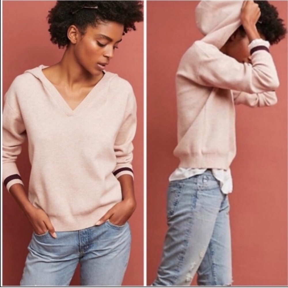 Anthropologie Moth Pullover Blush Pink Hooded Seward Striped Sleeve Sweater
